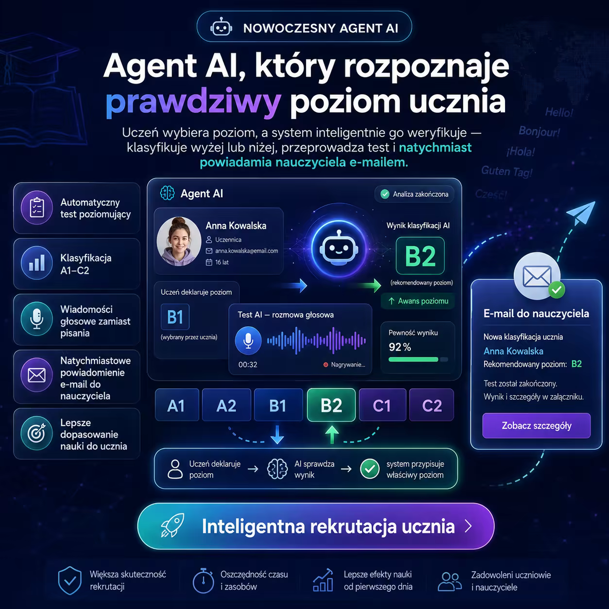 Agent AI LinguaToons prowadzi test poziomujący online i klasyfikuje poziom językowy ucznia